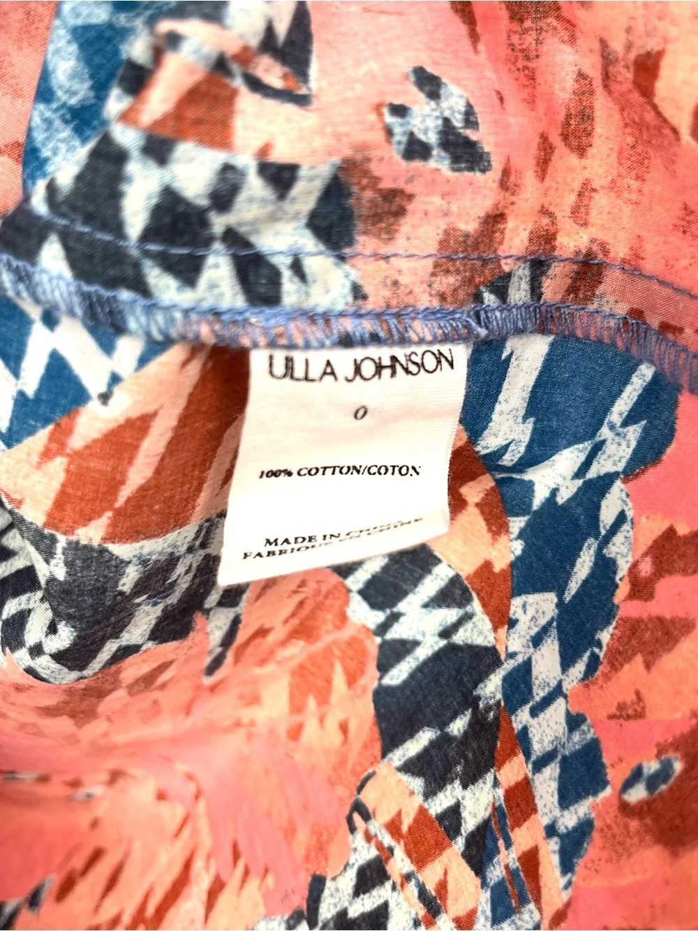 Ulla Johnson Iren Orange & Blue Cotton Puff Sleeve Blouse Top Size 0